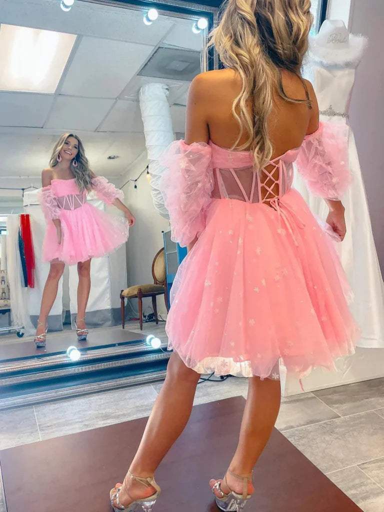 Prinzessin trägerloses kurzes rosa Ballkleid mit Ärmeln, rosa kurze Homecoming-Kleider, rosa formelle Abendkleider nv1472