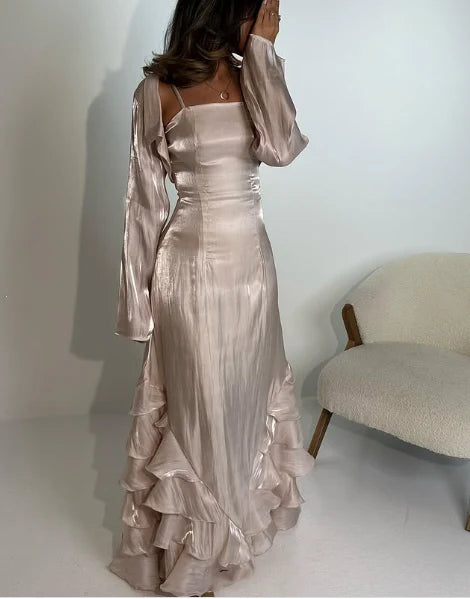Champagner Mode Elegante Rüschen Rüschen Lange Tüll Ballkleid Abendkleid Partykleid nv3433