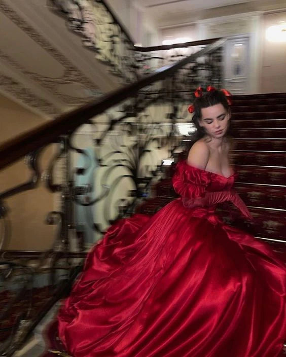 Schönes, elegantes, rotes, schulterfreies, langes Satin-A-Linien-Ballkleid, Abendkleid, Weihnachtsfeierkleid, NV3066
