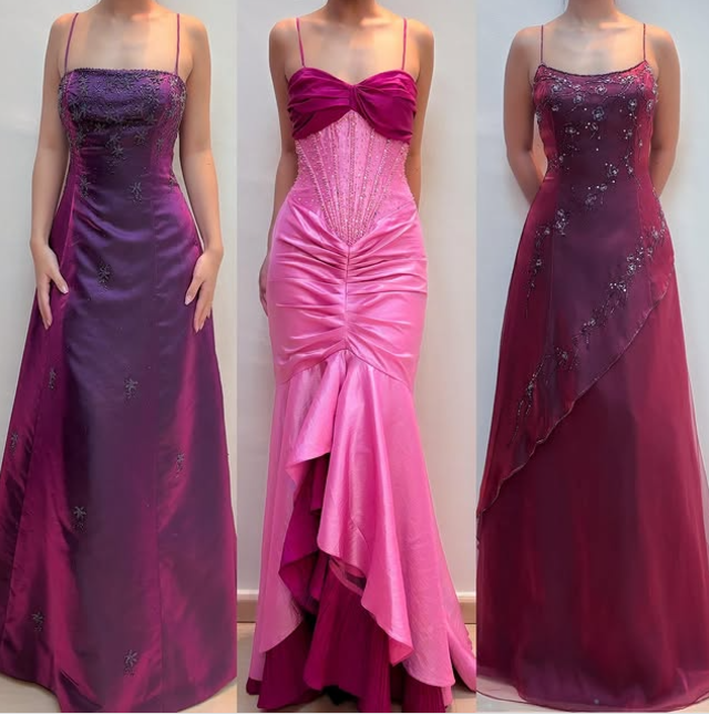 Rosa Vintage-Mode Exquisite Perlen Spaghetti Strap Lange Satin Rüschen Ballkleid Abendkleid Partykleid nv3556