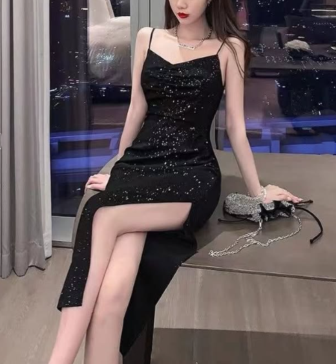Schwarzes glänzendes elegantes Prinzessinnen-Pailletten-Spaghettiträger-langes Ballkleid-Abendkleid-Partykleid NV101