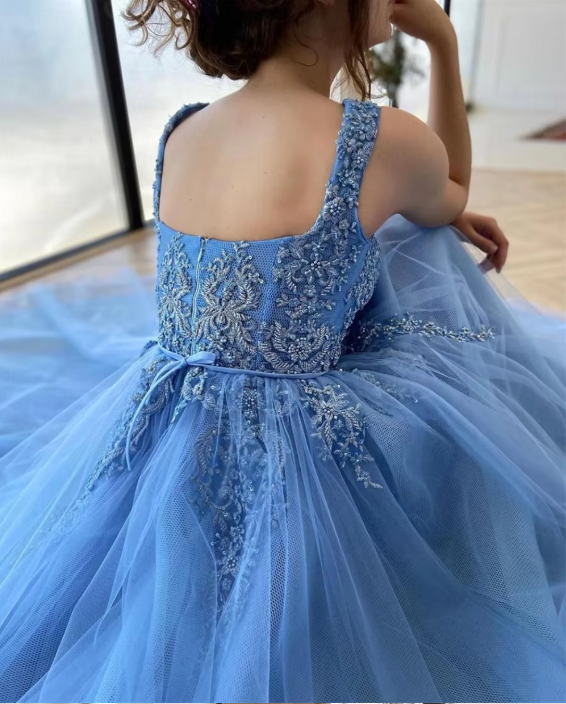 Exquisite 3D Flowers Beads Blue Long Prom Dresses Sweetheart Tulle Bow Sash Floor Length Evening Gowns nv1641
