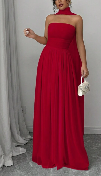 Rotes elegantes schulterfreies langes Chiffon-Ballkleid Abendkleid Hochzeitsgastkleid nv2617