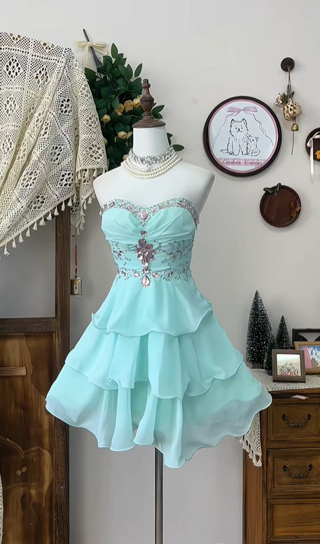 Mintgrün Perlen Mode Kurze Chiffon Homecoming Kleid Geburtstag Kleid Bankett Kleid Party Kleid nv4561