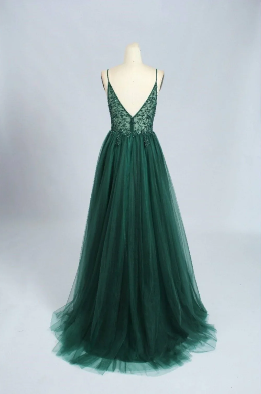 Emerald Green Tulle Prom Dress Beaded V Neck nv764