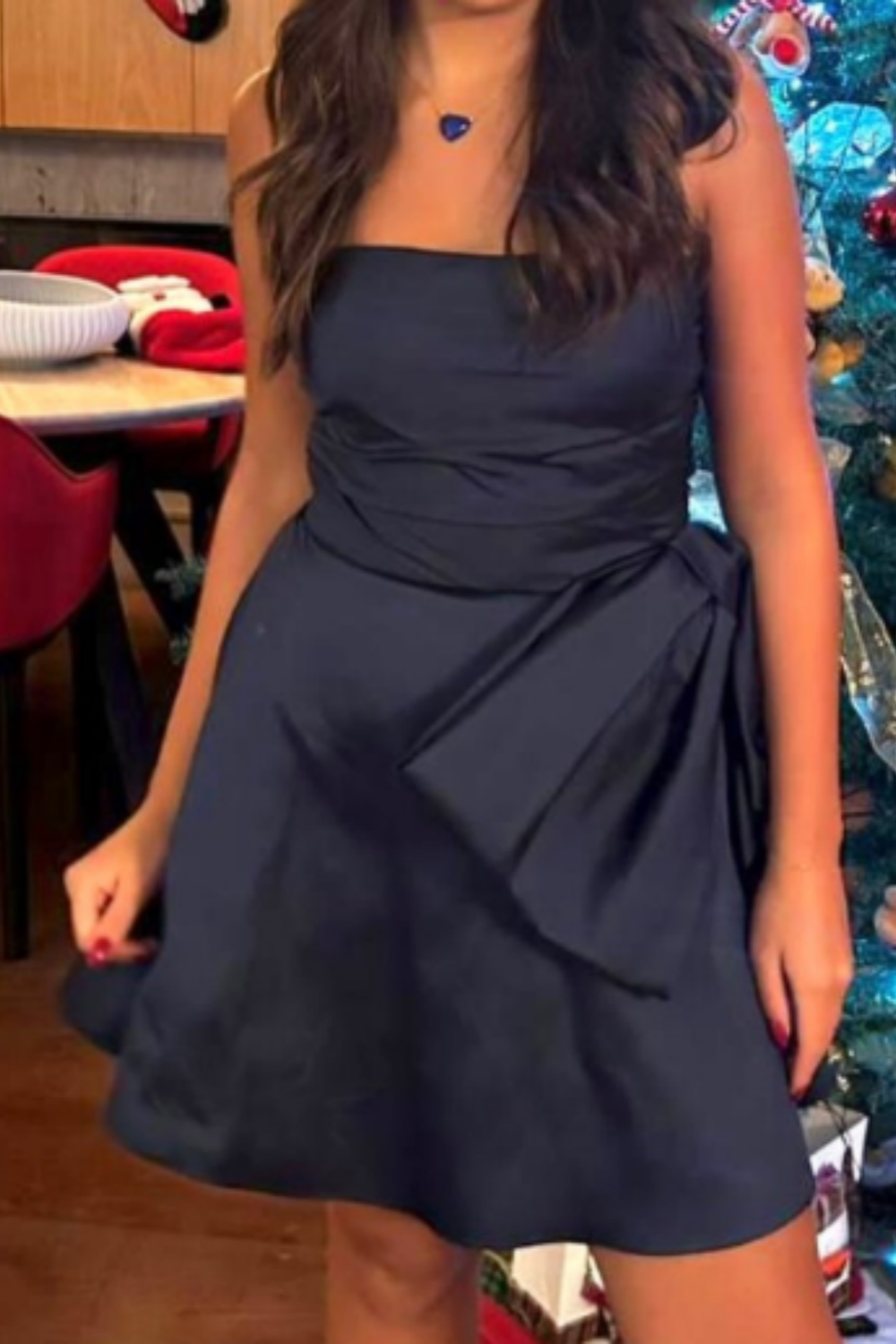 Marineblaues schulterfreies, modisches, kurzes Satin-Heimkehrkleid, Geburtstagspartykleid, NV5279