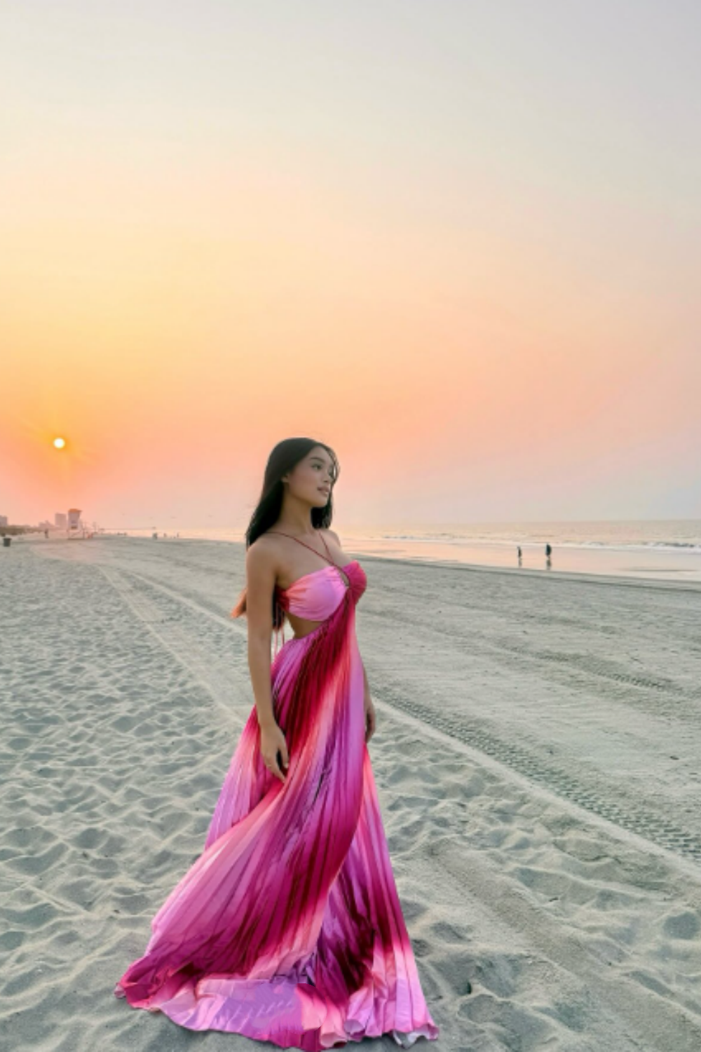 Robe de soirée longue en mousseline de soie à bretelles dégradées rouge et rose nv5407