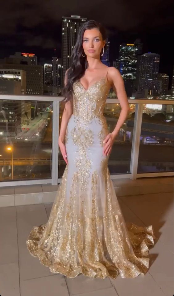Robe de soirée longue dorée à paillettes style sirène nv1103