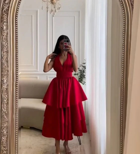Rotes rückenfreies V-Ausschnitt sexy einzigartiges Abendkleid A-Linie abgestuftes Ballkleid Cocktailpartykleid tief ausgeschnitten stilvoll elegant lang nv2155