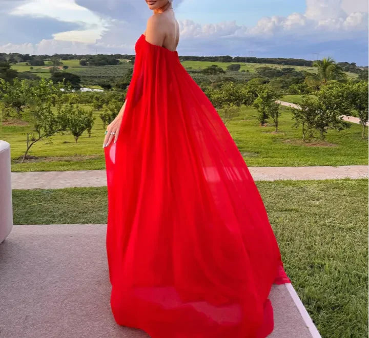 Rotes schulterfreies langes A-Linien-Ballkleid, elegantes Chiffon-Partykleid mit Schleppe, Abendkleid nv1974