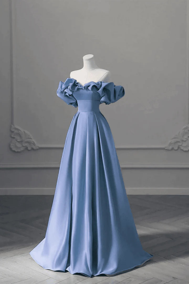 Einzigartiges blaues schlichtes A-Linien-Satin-Off-Shoulder-Abendkleid mit langen Ärmeln Partykleid Ballkleid nv2051
