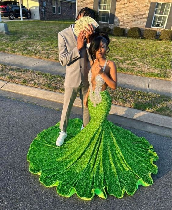 Glitzerndes, grünes Meerjungfrau-Ballkleid mit langen Pailletten, NV1261