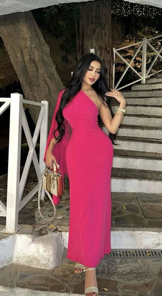 Heißes rosa Ballkleid mit einem Ärmel, formelles Partykleid, NV1215