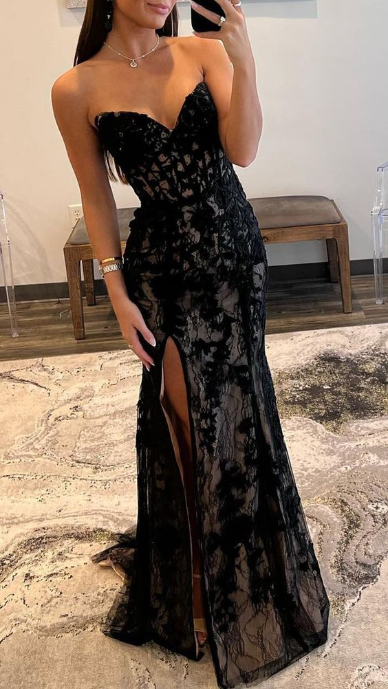 Robe de soirée longue noire sexy ajustée sans bretelles en dentelle appliquée nv1263