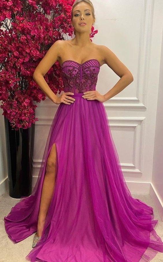 Lila Sweetheart A-Linie Ballkleid Tüll Abendkleid mit Schlitz nv1168