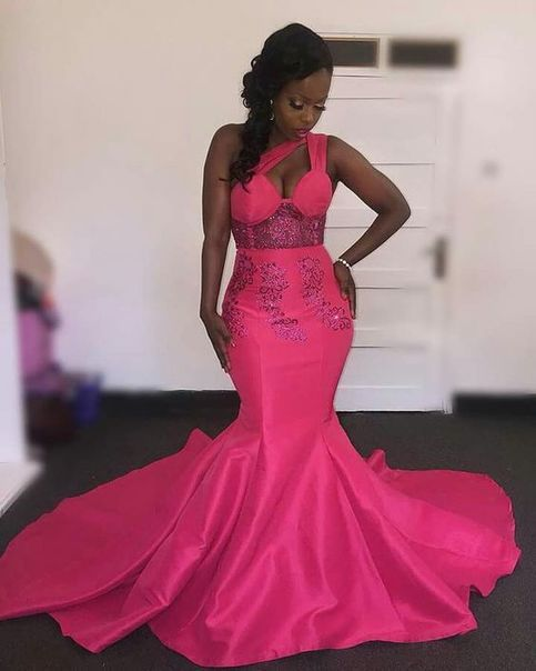 Hot Pink Meerjungfrau Schwarzes Mädchen Ballkleid Eine Schulter Applikationen Abendkleid nv1141