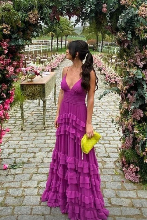 Langes lila Ballkleid mit V-Ausschnitt nv1166
