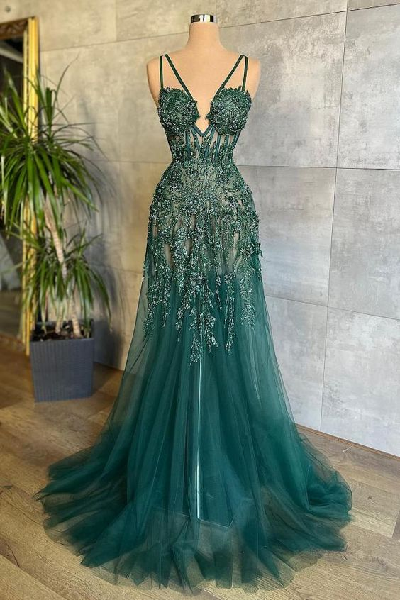Schickes, dunkelgrünes, langes Abendkleid mit herzförmigem Ausschnitt und Tüllspitze, formelles Kleid nv1283