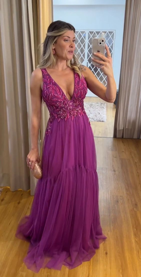 Lila A-Linie Ballkleid mit V-Ausschnitt und Tüll-Abendkleid nv1169