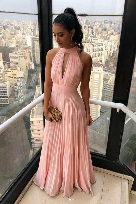 Schlichtes langes Chiffon-Ballkleid, rosa Chiffon-Brautjungfernkleid nv1337