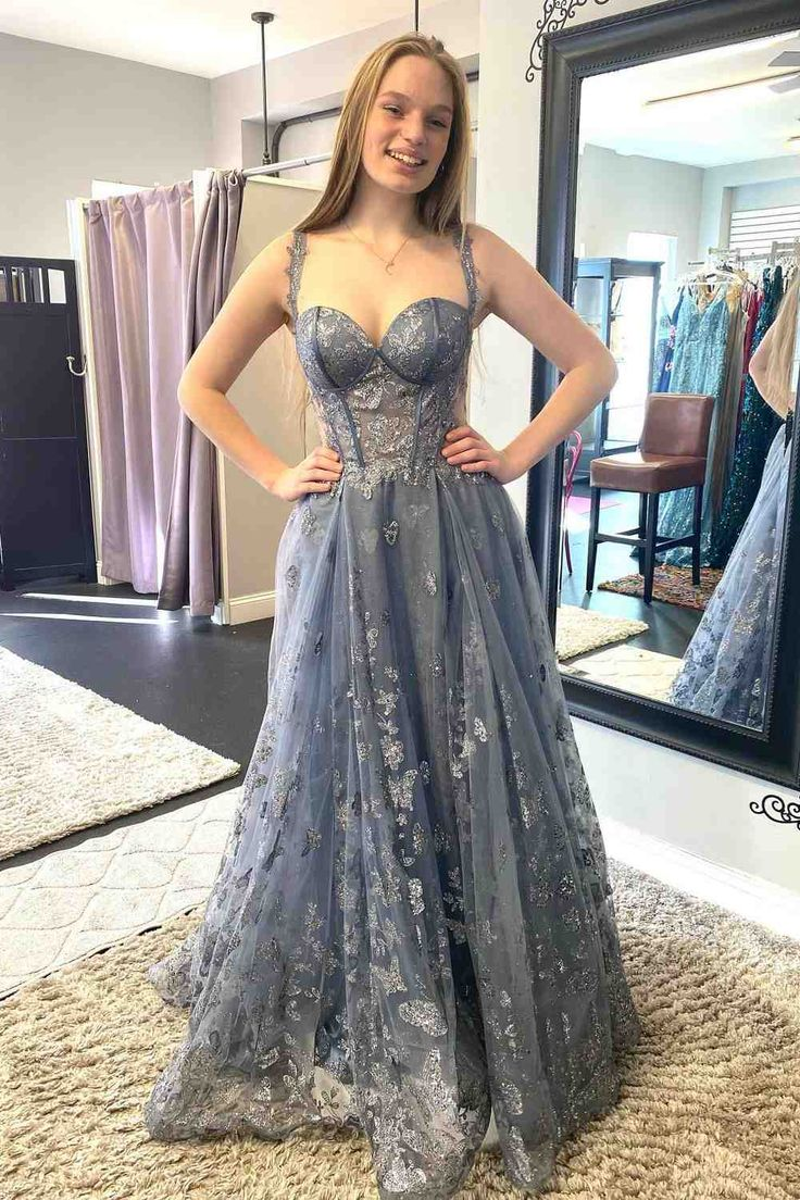 Dusty Lavender A-Linie Off-Shoulder Langes Ballkleid aus Tüll mit Prints, nv1285