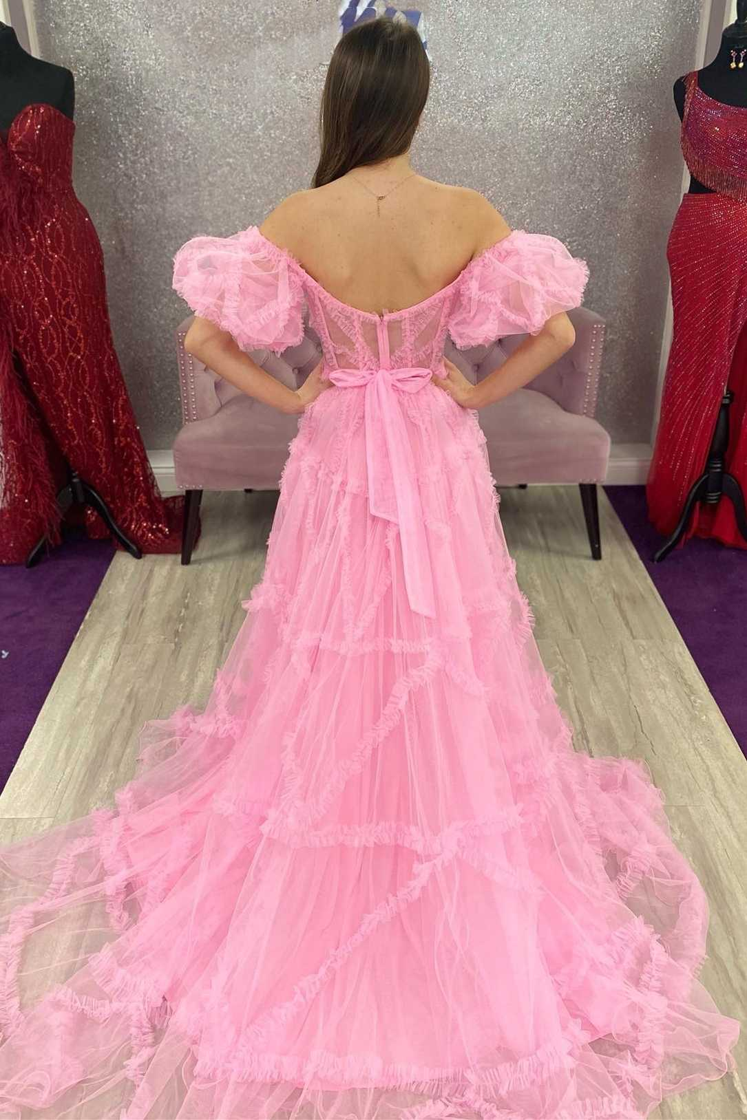 Prinzessin Rosa Off-the-Shoulder A-Linie Ballkleid mit Rüschen nv1309