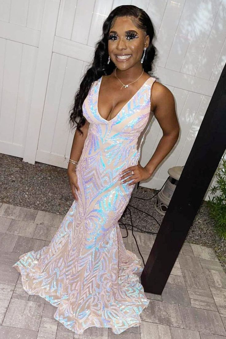 Glitzerndes Meerjungfrau-Ballkleid mit V-Ausschnitt und Pailletten, langes Kleid nv1138