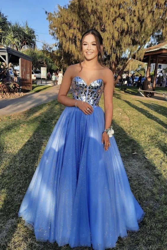 Blue Tulle Sequins Long Prom Dresses, A-Line Strapless Evening Dresses nv1321