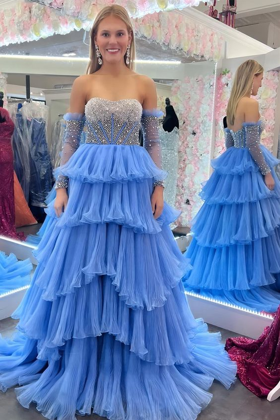 Luxuriöses, plissiertes A-Linien-Abendkleid aus Organza mit Perlen, lang, nv1351