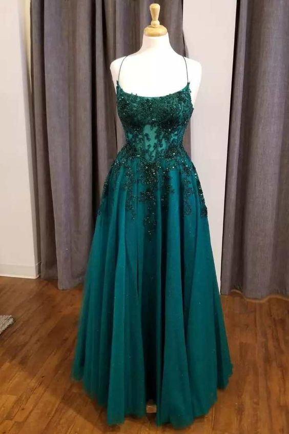 Jägergrünes A-Linien-Ballkleid mit Blumenspitze und U-Ausschnitt, nv1378