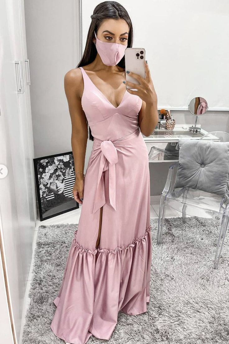 Langes Ballkleid in A-Linie mit V-Ausschnitt und hohem Schlitz, Rosa, nv1238