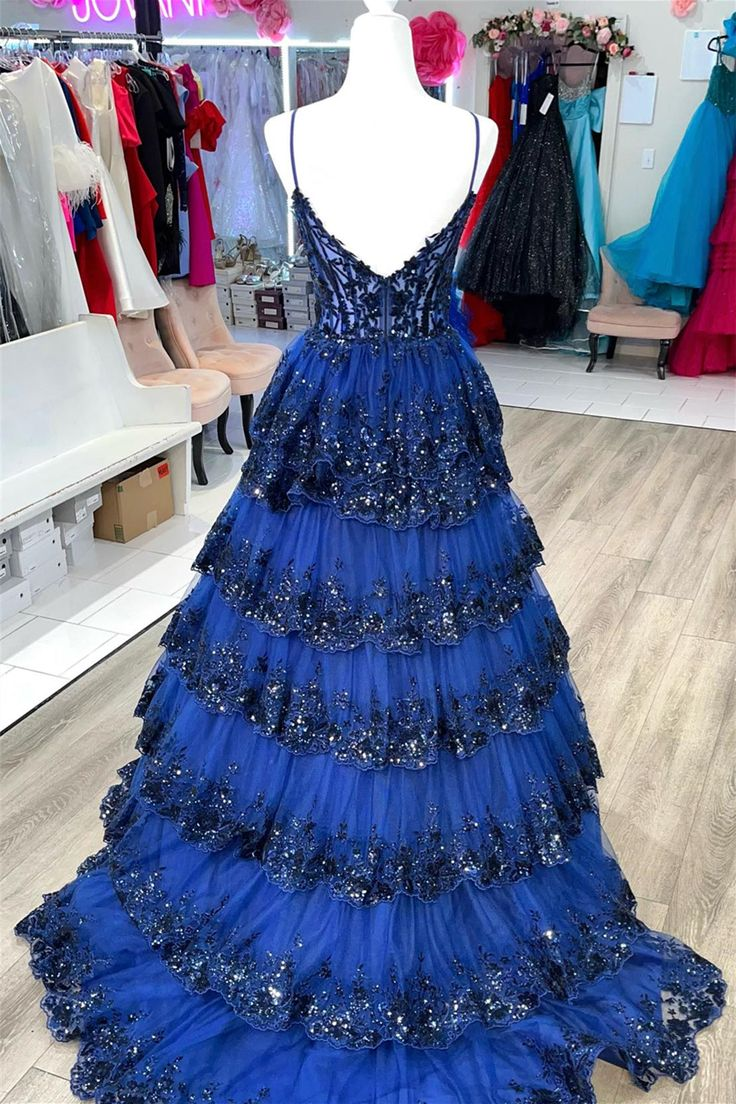 Königsblaues langes Ballkleid mit Blumenmuster, mehreren Lagen, Paillettenträgern, nv1232