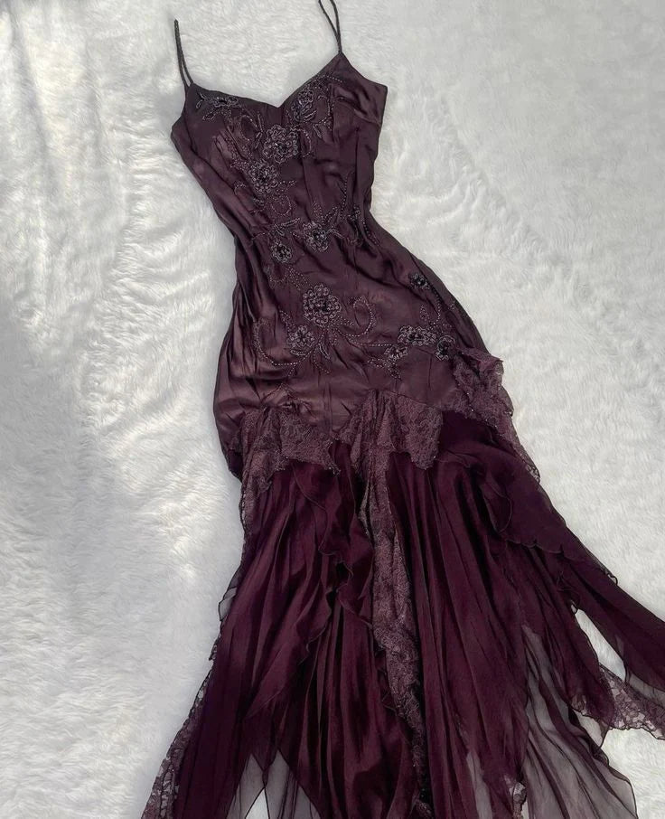 Dunkelviolettes, modisches, exquisites, mit Perlen besetztes Spaghettiträger-Abendkleid aus langem Satin mit Ballkleid und Partykleid nv1376