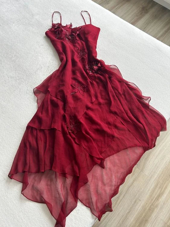 Burgunderrote Spaghettiträger mit Applikationen, elegant und charmant, A-Linie, langes Chiffon-Ballkleid mit Rüschen, Abendkleid, Partykleid, NV4494