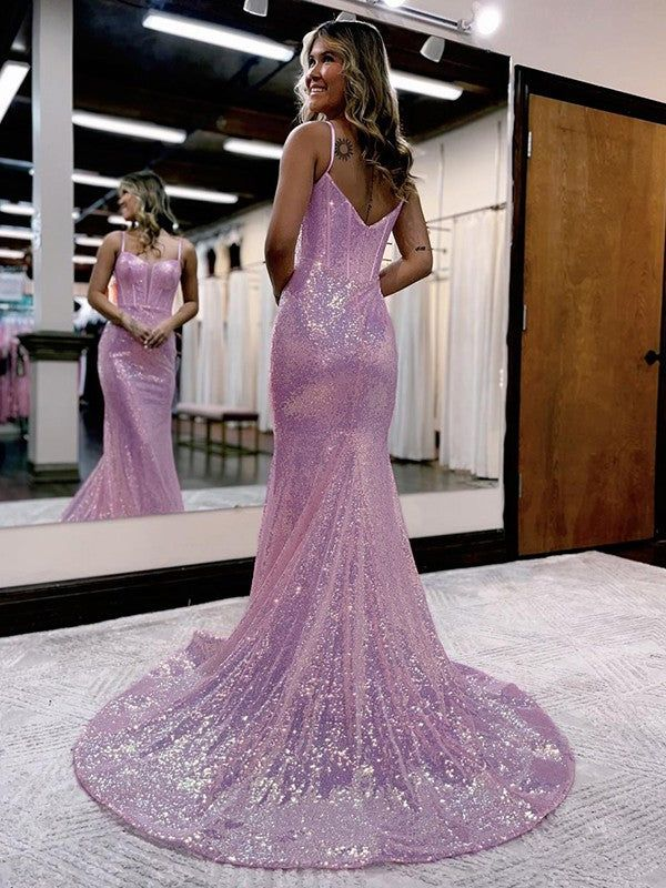 Trumpet/Mermaid Sequins Sweetheart Sleeveless Court Train Corset Dresses nv1076