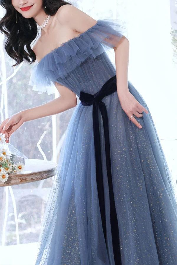 Schulterfreies langes Ballkleid A-Linie Grau-Blaues Tüll-Abendkleid nv1068