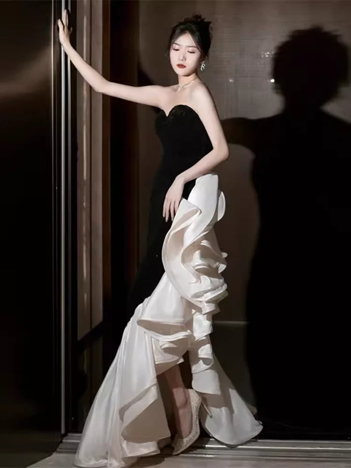 Schwarz und Weiß Elegante Meerjungfrau Liebsten Satin Lange Ballkleid Abendkleid Partykleid nv2318