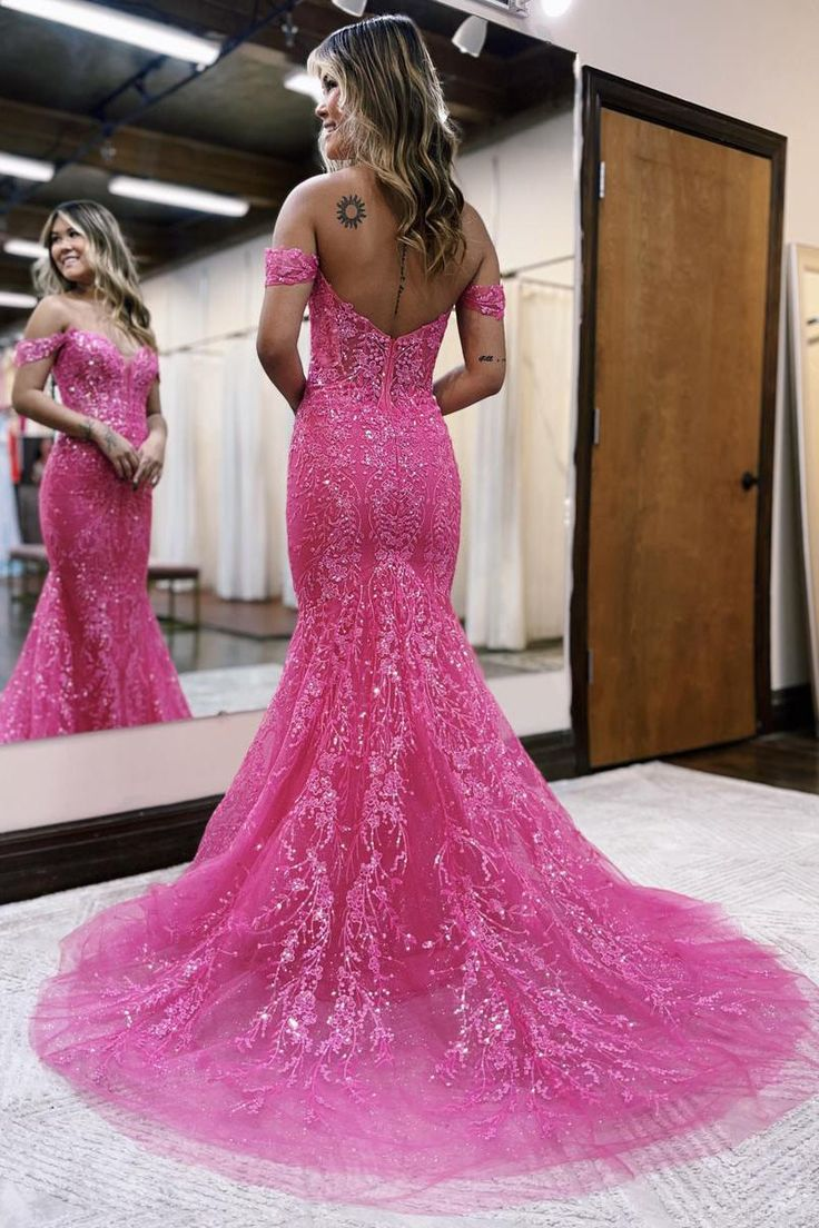 Hot Pink Off the Shoulder Pailletten Spitze Langes Meerjungfrau Ballkleid nv1357