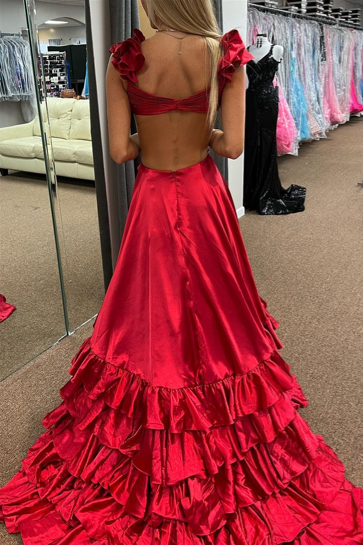 Rotes langes Ballkleid mit gerüschtem, gekreuztem Oberteil und Hi-Low-Lagen, nv1293