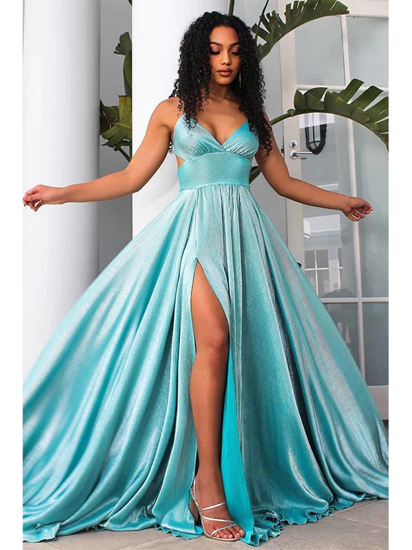 Sexy rückenfreies, blaues langes Ballkleid mit Schlitz in A-Linie, NV1341