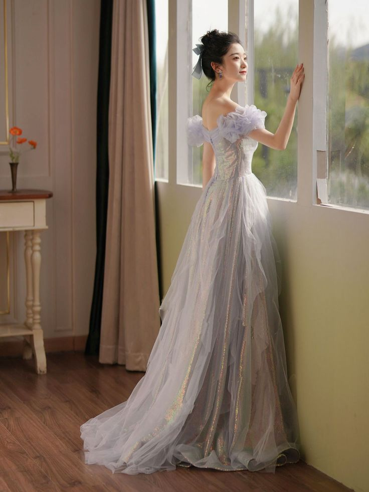 Schulterfreies langes Ballkleid aus Tüll mit Pailletten, formeller Abend nv1319