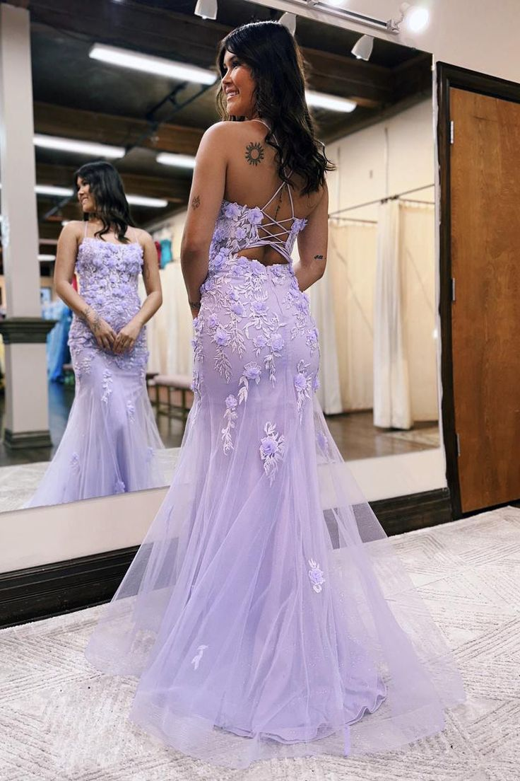 Meerjungfrau-Abendkleid mit U-Ausschnitt und lila Spitze, lang, nv1367