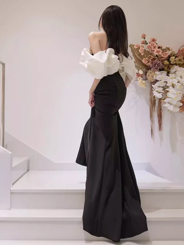 Schwarzes, schulterfreies, weißes, kurzärmliges Meerjungfrau-Satin-Ballkleid aus schwarzem Satin, langes Abendkleid, Partykleid, NV2528