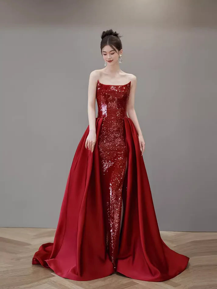 Rotes Meerjungfrau-Kleid, schulterfrei, mit Pailletten, A-Linie, langer Schlitz, Ballkleid, Abendkleid, Partykleid, nv2515