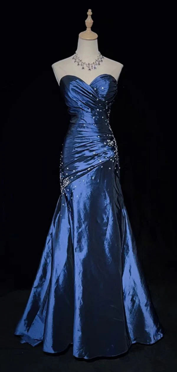 Marineblau Sexy Schatz Ärmelloses Meerjungfrau Satin Langes Ballkleid Abendkleid nv3403