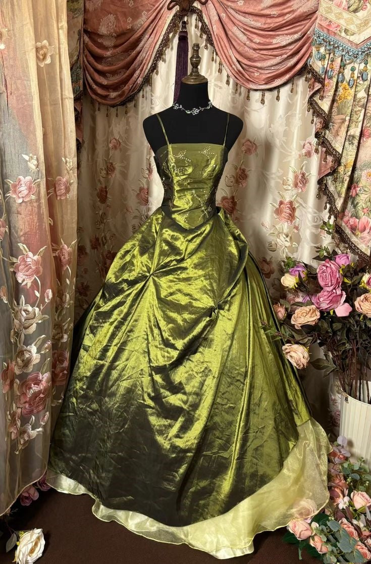 Olivgrünes Vintage-Mode Spaghettiträger Satin Langes Tüll Partykleid Ballkleid Abendkleid nv3822