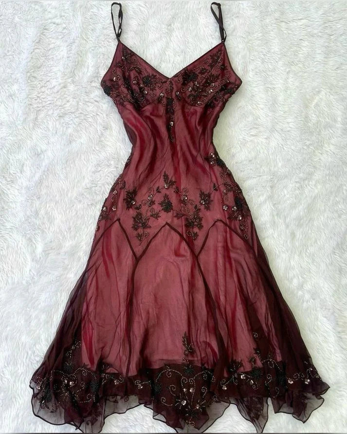 Dunkelviolettes/Dunkelrosa Vintage-Mode, exquisite Perlenstickerei, Spaghettiträger, langer Tüll, Ballkleid, Abendkleid, Partykleid, nv3587