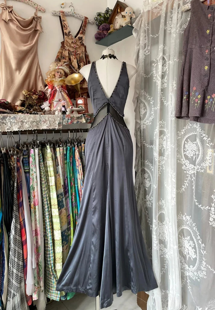 Grau Vintage Elegante Mode V-ausschnitt Exquisite Perlen Lange Satin Ballkleid Abendkleid Partykleid nv3563