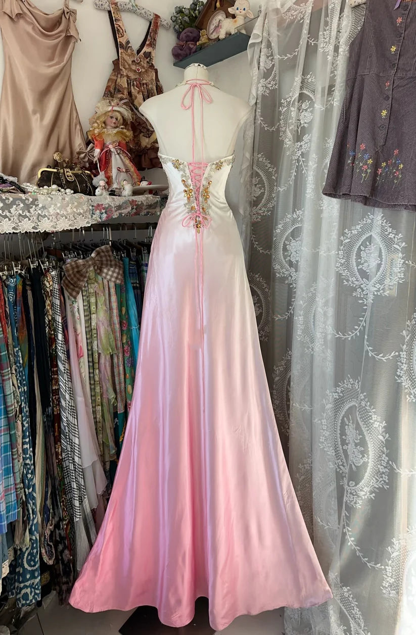 Rosa Farbverlauf Retro Mode Elegant Exquisite Edelstein Perlen Meerjungfrau Schmaler Träger Ärmellos Langes Satin Abendkleid Ballkleid Partykleid Ballkleid nv3810