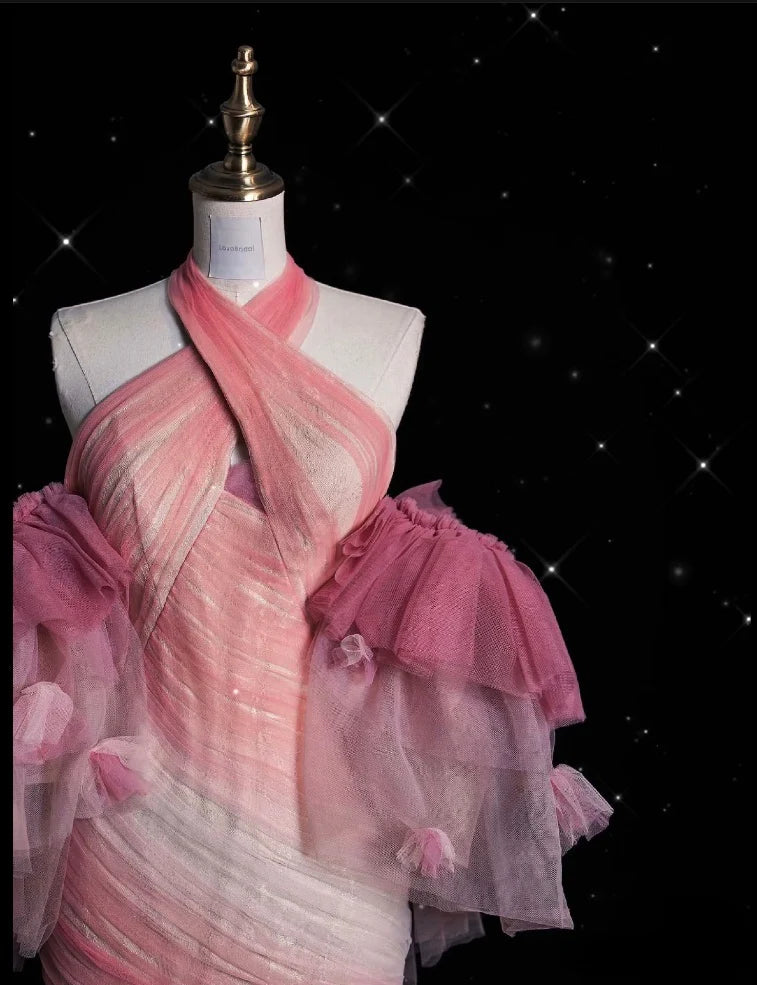 Rosa Wunderschöne Retro Mode Elegante Blumen Meerjungfrau Hosenträger Lange Meerjungfrau Tüll Bodenlangen Abendkleid Ballkleid nv3829
